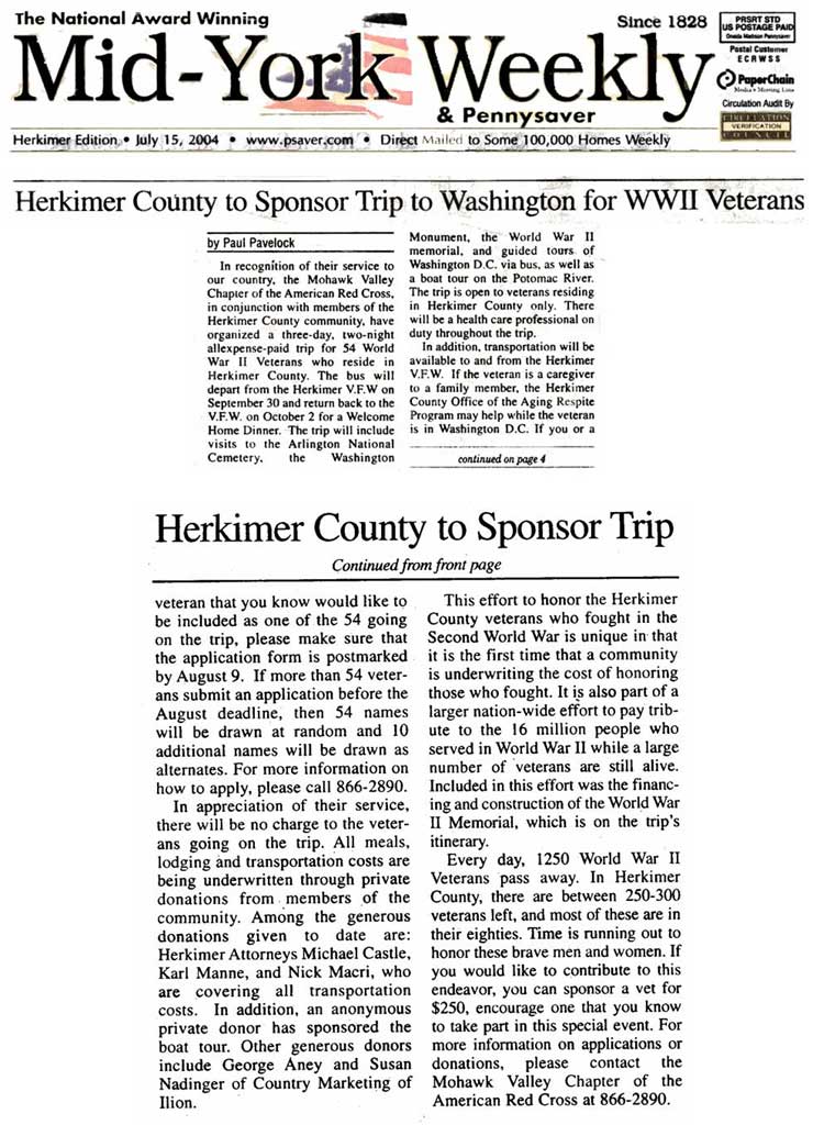 Herkimer County to Sponsor Trip to Washington for WWII Veterans