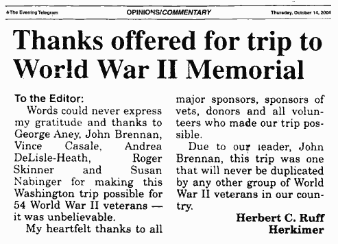 Thanks offered for trip to World War II Memorial