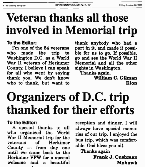 Veteran thanks all those involved in Memorial trip, and Organizers of D.C. trip thanked for their efforts