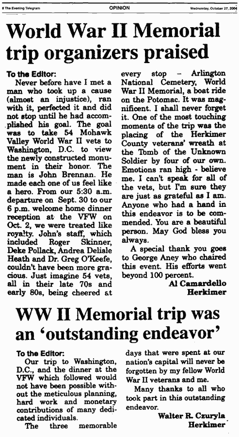 World War II Memorial trip organizers praised, and WWII Memorial trip was an 'outstanding endeavor'
